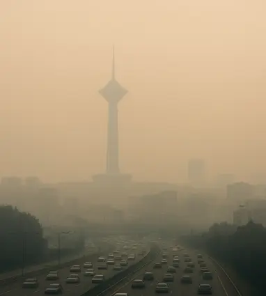 تصویر آلودگی شدید هوای تهران در روزهای آلوده با دید کم و هوای غبارآلود